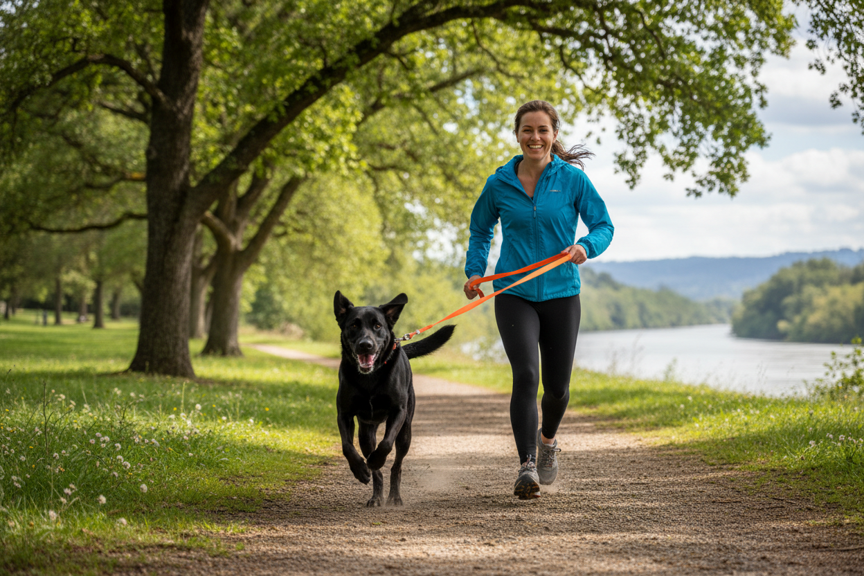 czarny pies ze smyczą biegający z opiekunem